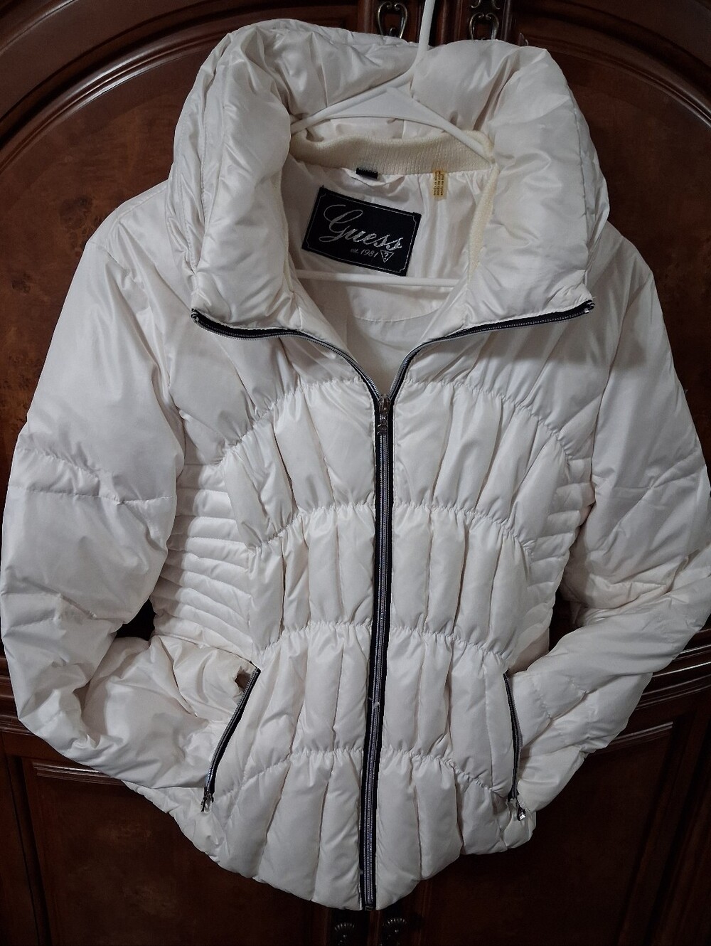 Guess Women's Puffer Jacket White with Black Trim
